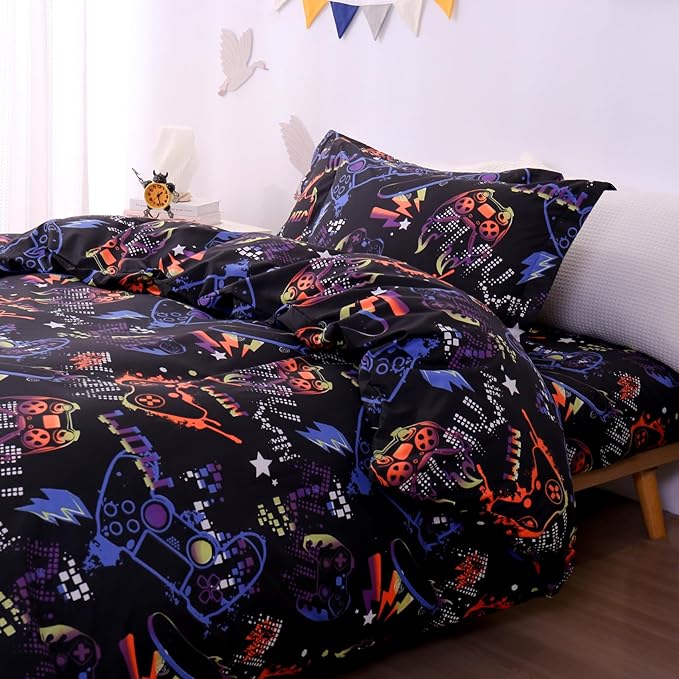 JSD Black Gamer Kids Duvet Cover Set Queen Size, 3 Piece Teens Printed Microfiber Comforter Cover with Pillow Sham Zipper Closure, Comforter Not Included