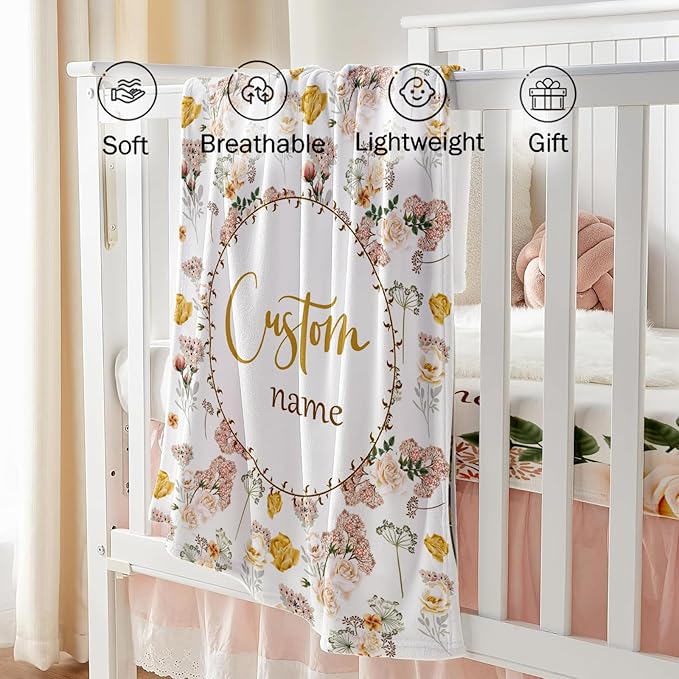 Custom Baby Crib Bedding Set - Pink Flowers Design Personalized Name Baby Nursery Bedding 3 Pcs Set - Chic Soft Blanket, Fitted Sheet, Room Rug for Newborns Boys Girls Gifts