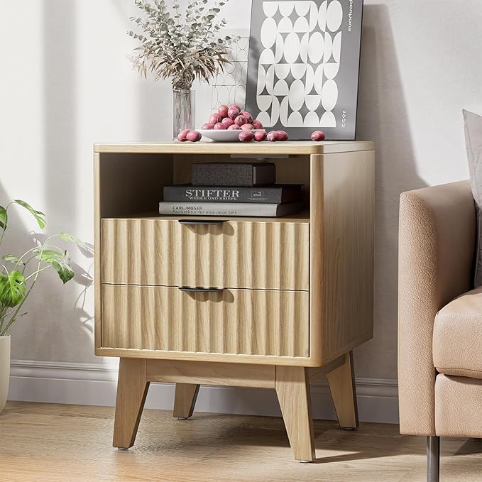 Nightstands with Charging Station, Modern Fluted 2 Drawers End Tables, Side Tables with Storage Shelf for Bedroom, Office, Natural Oak
