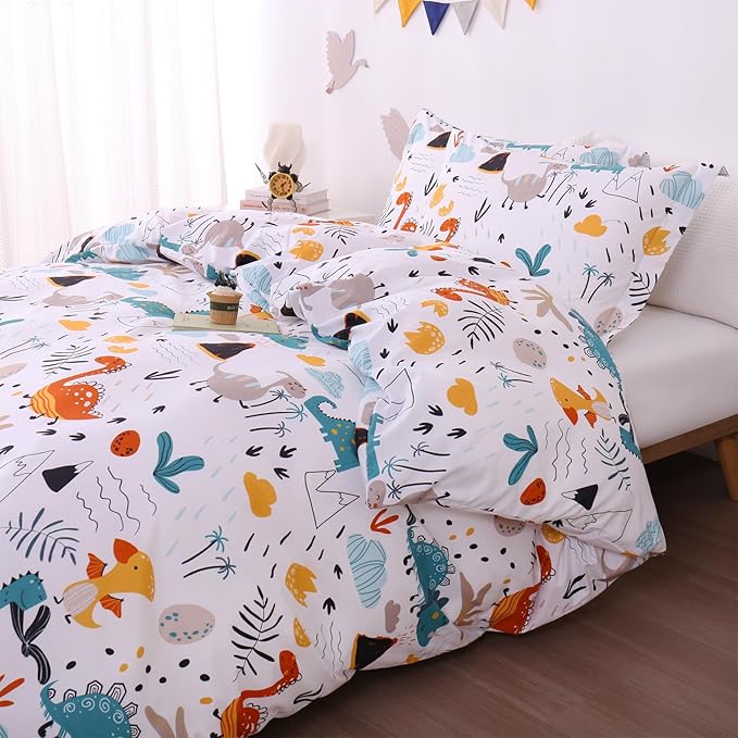 JSD Dinosaur Kids Duvet Cover Set Full Size, 3 Piece Soft Printed Microfiber Bedding Comforter Cover with Pillow Shams Zipper Closure, Comforter Not Included