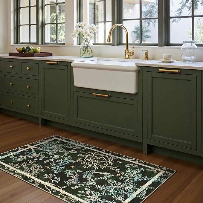 jinchan Yarden Botanical Birds 3x5 Moss Green Christmas Area Rugs for Entryway - Washable Non-Slip Soft Nature Plants Modern Kids Room Carpet,Vintage Low Pile Rug for Living Room Bathroom Front Door