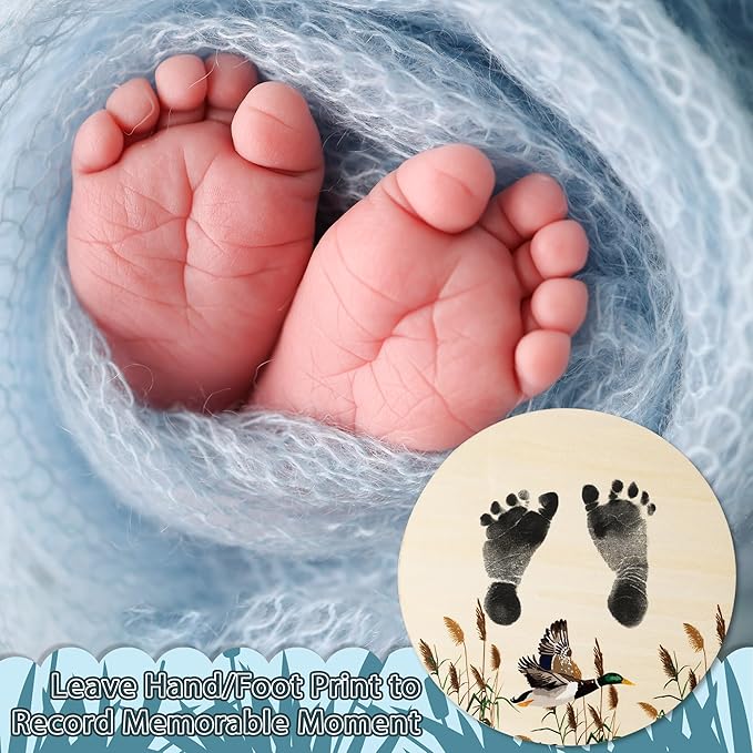R HORSE Baby Birth Announcement Sign with Marker Pen, Mallard Duck Baby Name Sign with Ink Pad for Hand and Footprints, Wooden Hello World Newborn Announcement Nursery Decor Keepsake Gifts