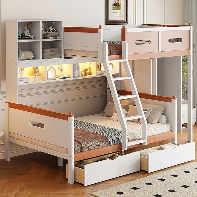 Twin Over Full Bunk Bed with Wardrobe and Drawers, Wooden Bunk Bed with Shelves and Cabinet for Kids Teens Adult Bedroom, Space Saving Design