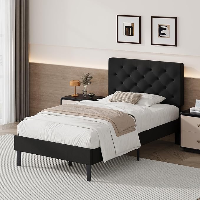 BarnFurin Twin Bed Frame, Upholstered Platform Bed with Button Tufted Headboard, Fabric Bed Frame with Wooden Slats Support, No Box Spring Required, Easy Assembly, Black