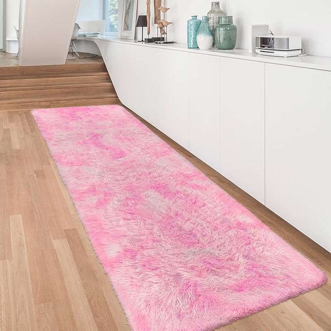 Fluffy Pink Shag Rug for Bedroom Girls 3x10 Runner Rug, Soft Pink Fuzzy Rug for Girls Room Bedside Living Room Hallway Plush Long Carpet Runner for Kids Room Nursery