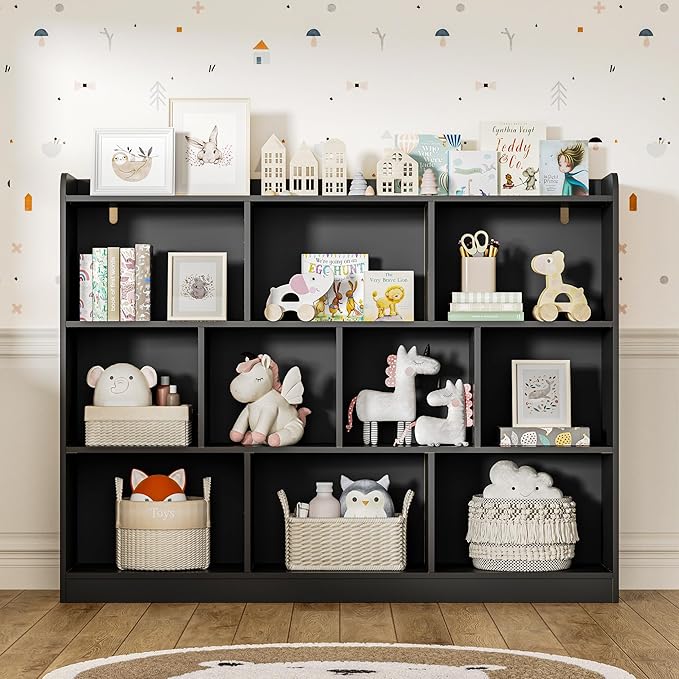 Black Bookshelf, Wood Bookcase with 3 Tier Open Shelves, 10-Cube Minimalist Storage Shelf for Living Room, Bedroom, 55.1" W x 42.5" H