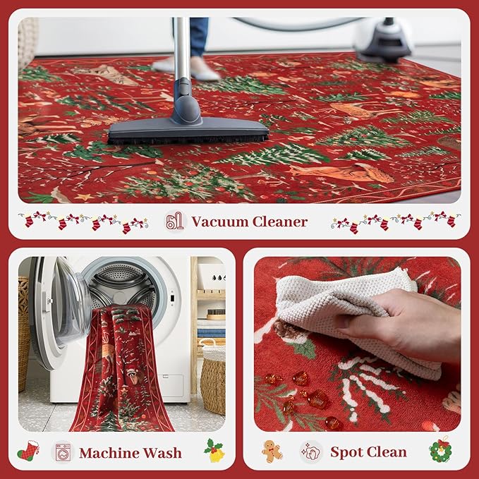 OJIA Christmas Rugs 5x7 Washable Rugs for Living Room, Xmas Red Holiday Rug Soft Animal Bedroom Carpet Ultra-Thin Entryway Rug, Non-Slip Throw Carpet for Kids Nursery Playroom Dining Room