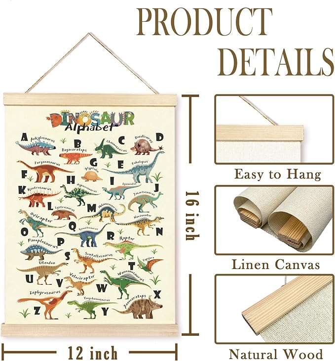 CGBHW Educational Dinosaur Alphabet Numbers Poster Hanger Frame Set of 2 12x16, Dino Species Construction Learning Posters Wall Art Hanging Decor for Toddler Boy Kids Room Playroom Nursery