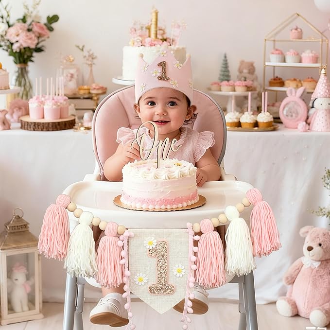 Boho Daisy Highchair Banner 1st Birthday Girl For First Party Decorations Set With Handmade Cake Topper Crown Hat