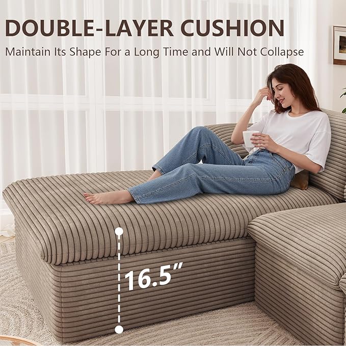 136" Cloud Modular Sectional Sofa with 1 Ottoman, Modern Upholstered Corduroy Couches, Deep Seat Boneless Couch, Comfort U Shaped Sofa for Living Room, No Assembly Required(Camel,Left Facing Chaise)