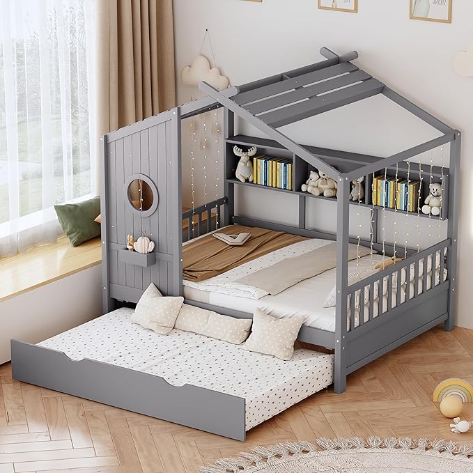 Bellemave Full Size House Bed with Trundle for Kids,Full Kids Bed Frame with Storage Shelves,Wood House Bed Frame for Girls,Boys,Can be Decorated,Gray