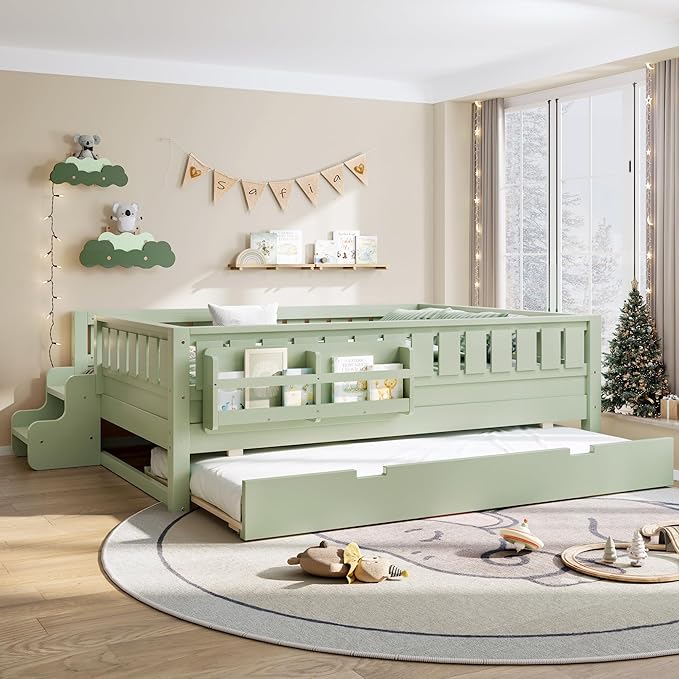 Bellemave Full Bed with Trundle and Stairs, Full Size Platform Bed Frame with Fence and Bookshelf, Easy Assemble Beds for Kids, Girls, Boys, Green