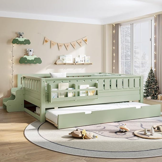 Bellemave Full Bed with Trundle and Stairs, Full Size Platform Bed Frame with Fence and Bookshelf, Easy Assemble Beds for Kids, Girls, Boys, Green