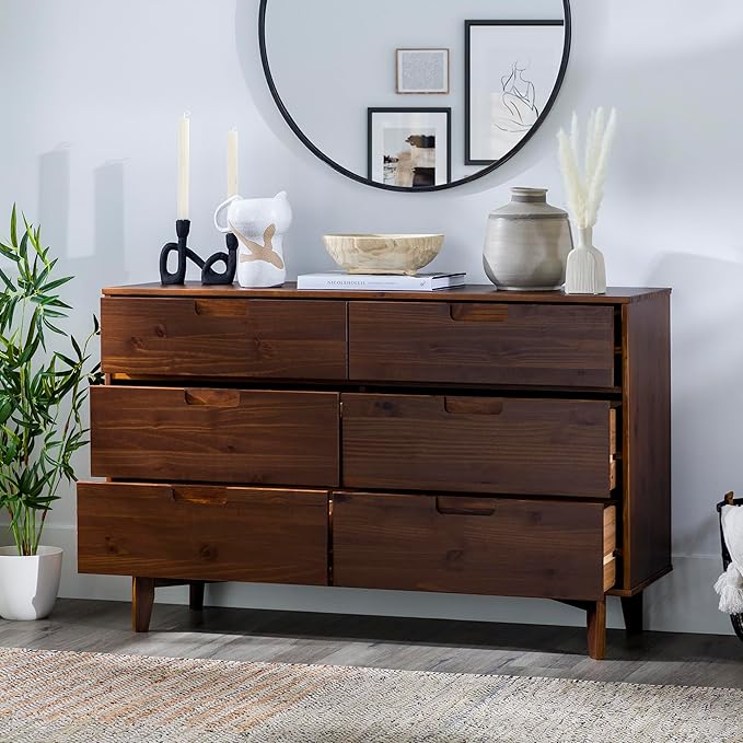 Walker Edison Sloane 6-Drawer Groove Handle Solid Wood Dresser, 52 Inch, Walnut