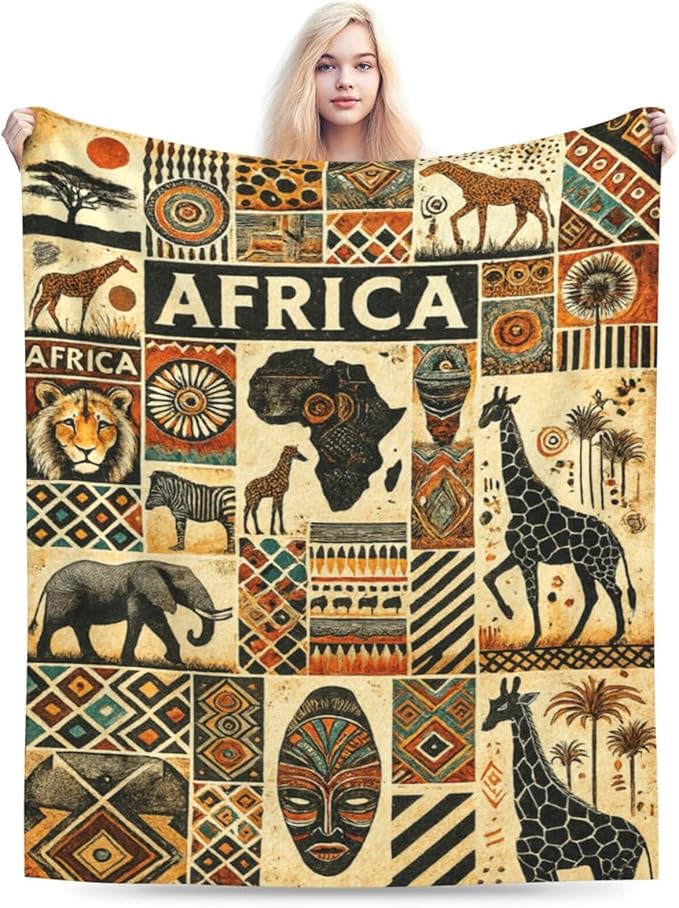 African Tribal Map Ethnic Pattern Blanket Vintage African Safari Animals Throw Blanket Soft Cozy Fleece Fuzzy Plush Warm Stuff Bedding Blankets Gifts for Boys Girls Kids Adult Men Women 60"X80"