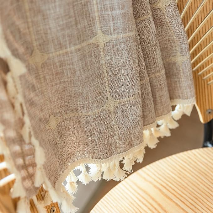 Deeprove Boho Curtains 84 Inches Long for Bedroom, Cotton Linen Light Brown Plaids Embroidery Semi Blackout Bohemian Aesthetic Window Treatment Grids Drape Tassels, 1 Panel W52 x L84 Tan