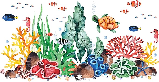 LiveGallery Coral Seaweed Wall Sticker Ocean Life Wall Decals Shell Conch Hippocampus Sea Turtle Tropical Fish Marine Plants Wall Decorations for Kids Bedroom Living Room Nursery Office