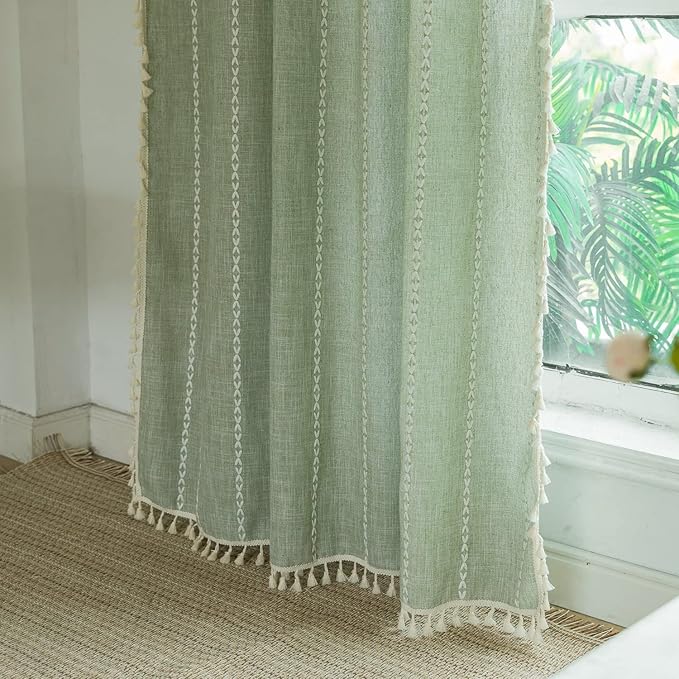 Deeprove Green Boho Curtain 72 Inches Long for Bedroom Living Room, Cotton Linen Weighted Stripes Embroidery, Semi Blackout Bohemian Farmhouse Window Treatment Drape Tassels 1 Panel W52 x L72, Sage