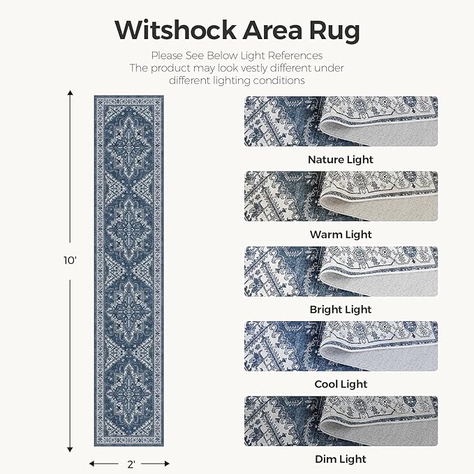 WITSHOCK 2x10 Long Runner Rug for Hallway: Washable Rug Distressed Boho Soft Low Pile Stain Resistant Foldable Carpet for Bedroom Kitchen Entryway Indoor Entrance Farmhouse Decor, Blue, 24″x120″