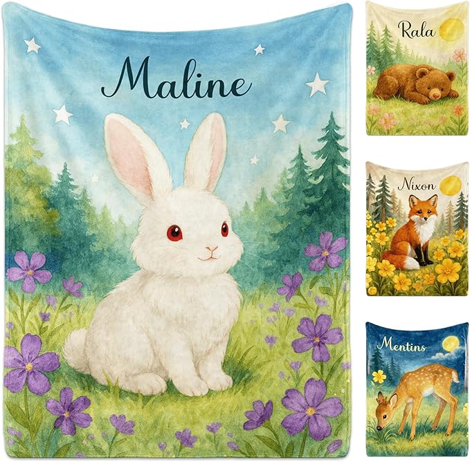 Ship Next Day Personalized Baby Blanket for Kids, Custom Baby Blanket with Name, Super Soft Flannel Blankets, Custom Cute Rabbit Animal Blankets Baby Gifts for Christmas.