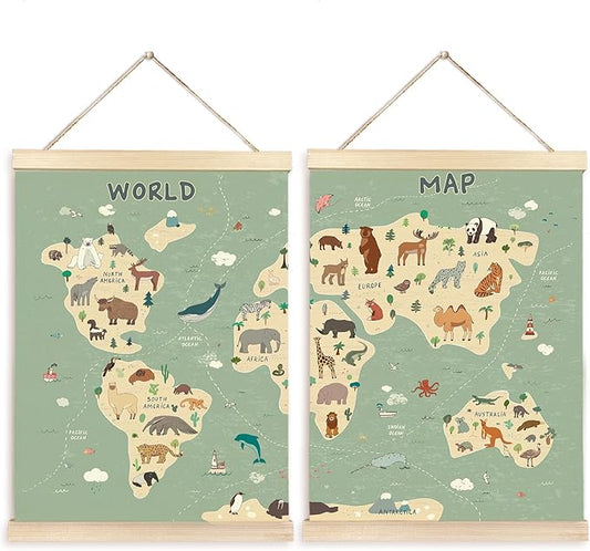 CGBHW World Map Poster Hanger Frame Set of 2, Cute Animal Educational Learning Tool Posters Wall Art Hanging Decor for Kids Room Nursery Classroom Home School Playroom Homeschool, 12x16