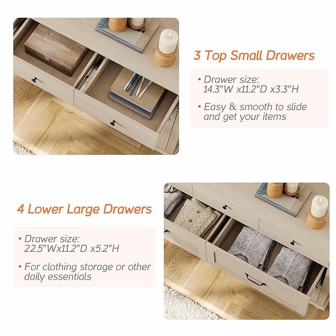 WAMPAT 2-in-1 Baby Dresser for Bedroom, Elegant Kids Dresser Wooden Dresser for Kids Room, 7 Drawer Dresser Set Organizer for Children's Bedroom, Nursery Furniture, Beige