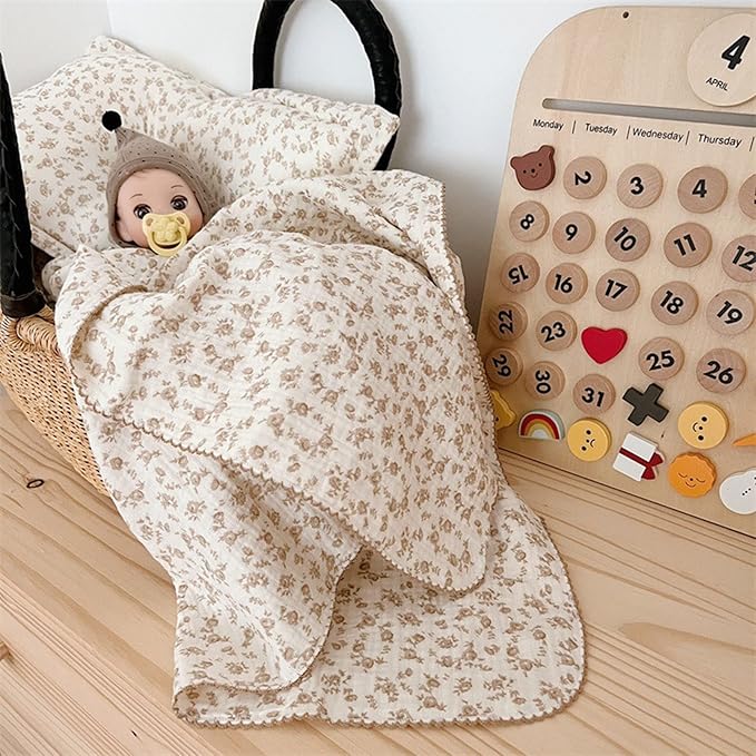 BuLuTu 4 Layer Toddler Blanket 100% Cotton Muslin Bed Blankets for Kids,Girls,Boys, Designed with Cute Camellia Flowers Lightweight Thermal Baby Blanket, Super Soft and Warm Crib Blanket, 47x51