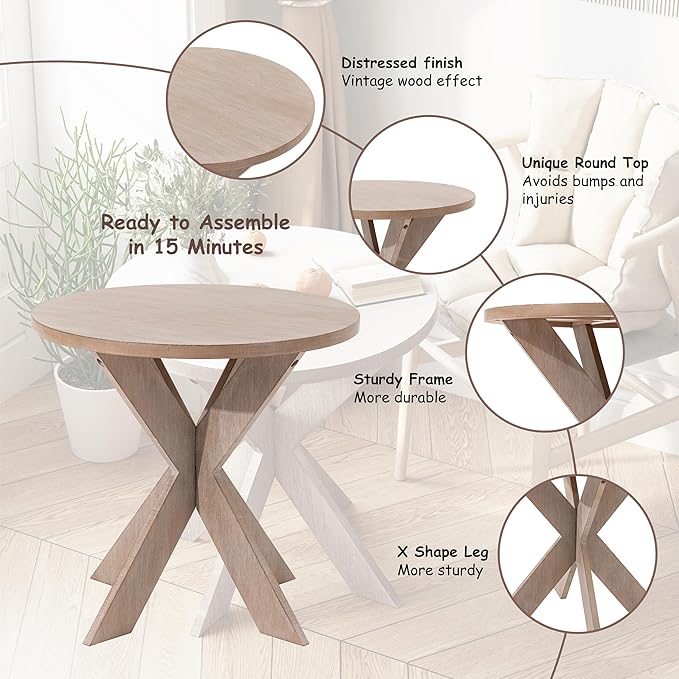 Set of 2 Farmhouse Cross Leg end Table, French Country Accent Side Table for Family, Dinning or Living Room, Small Spaces, Modern, Round, Vintage Grey Finish. (2 Pack)