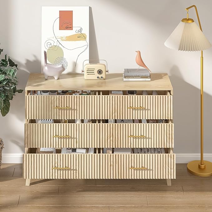 Accent 6 Drawer Dresser, Modern Closet Dressers Chest of Drawers with Fluted Panel, Living Room Bedroom Nursery Entryway and Hallway (Oak)