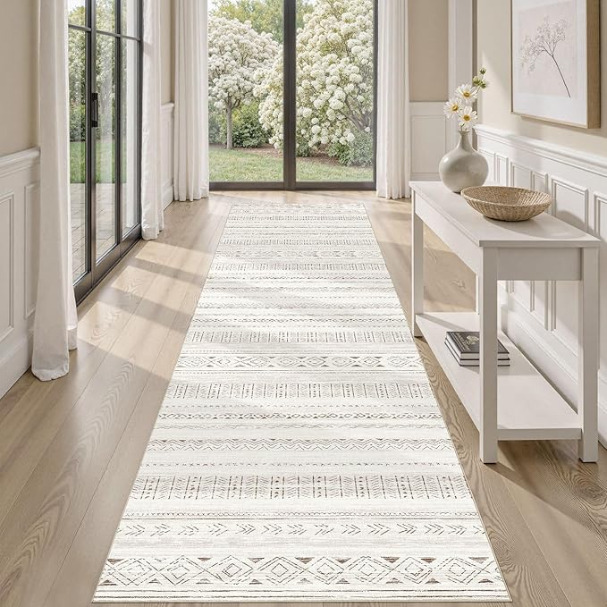 Boho Hallway Runner Rug 2.6x10: Soft Machine Washable Moroccan Farmhouse Runner for Entryway Kitchen Laundry - Non-Slip Morden Indoor Rug for Bedroom Bathroom - Light Brown/Cream