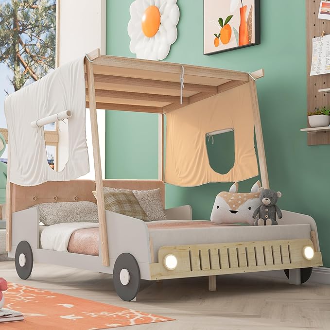 Classic Full Size Car-Shaped Platform Bed with Wheels and Ceiling Cloth, Solid Wood Low Bed Frame with Pillow and LED Lights, Cute Floor Bed for Kids Boy Girls