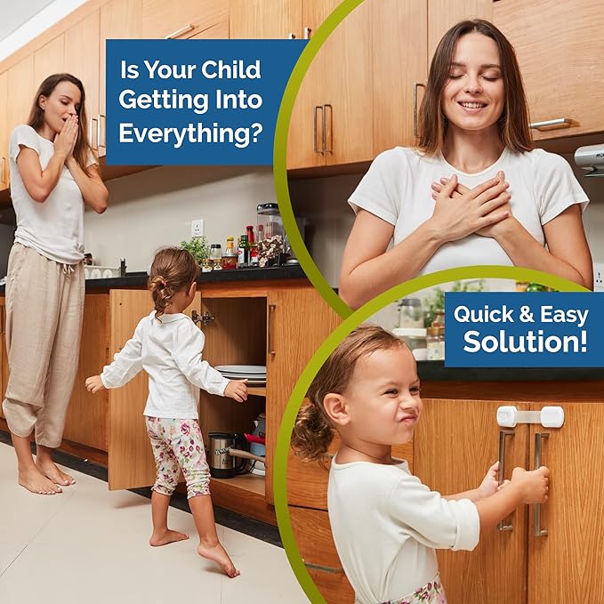 Child Safety Strap Locks (10 Pack) Baby Locks for Cabinets and Drawers, Toilet, Fridge & More. 3M Adhesive Pads. Easy Installation, No Drilling Required, White