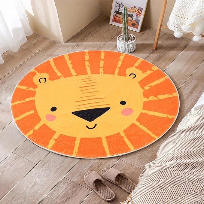 ABREEZE Kids Play Rug, 2.6ft Lion Round Area Rug, Soft Plush Non-Slip Carpet for Bedroom, Living Room, Playroom, Orange