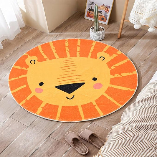 ABREEZE Kids Play Rug, 2.6ft Lion Round Area Rug, Soft Plush Non-Slip Carpet for Bedroom, Living Room, Playroom, Orange