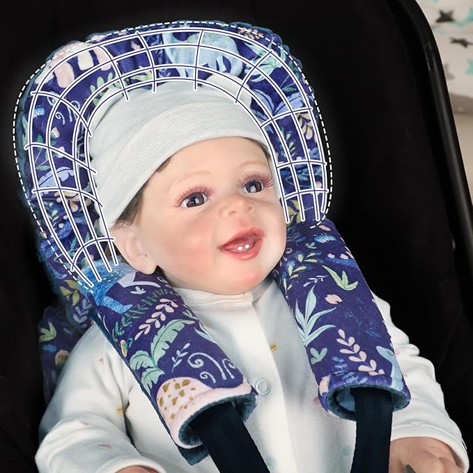 Pea Pod Infant Car Seat Insert with Strap Covers, All in One Reversible Baby Car Seat Head Support for Newborn, 3D Soft Minky Carseat Cushion for Preemie to Infant, Stroller, Swing, Bouncer, Dinosaur