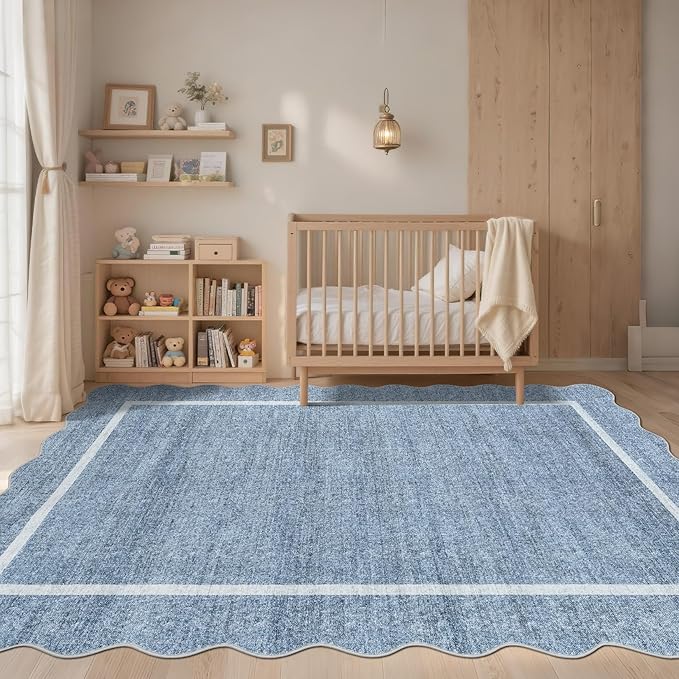 GarveeHome Scalloped Large Living Room Area Rug 6x9 - Machine Washable Modern Rugs Bordered Neutral Rug Non-Shedding Low Pile Farmhouse Carpet for Bedroom Nursery Classroom Dorm 6 ft x9 ft Blue