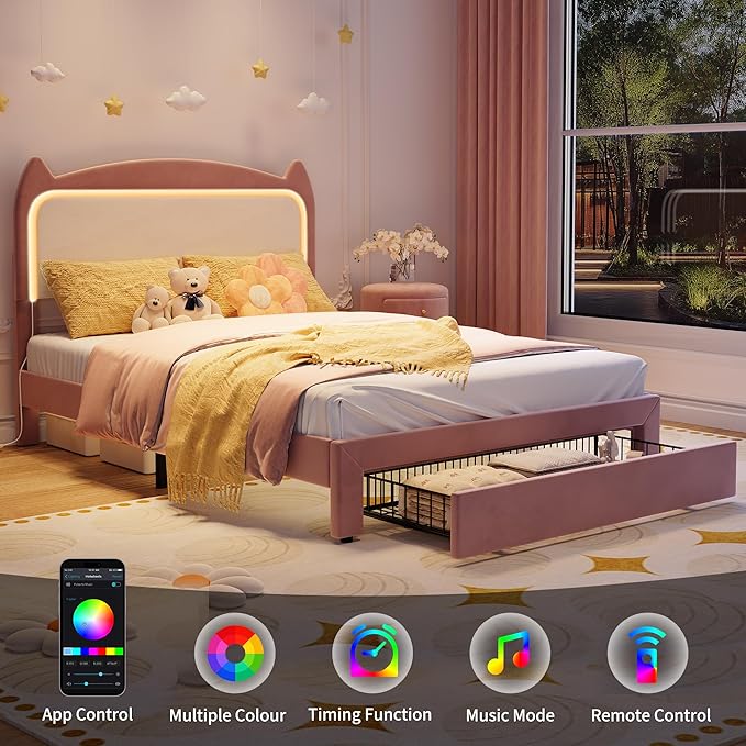 Garvee Full Upholstered LED Bed Frame with Storage Drawer & Cute Cat Headboard, Velvet Princess Platform Bed Frame with Sturdy Wood Slats Support for Girls/Kids, No Box Spring Needed, Pink