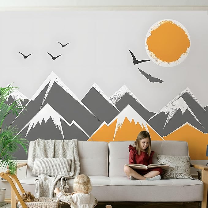 AM AMAONM 63x89.8inch Large Abstract Snowy Mountain Wall Decal, Warm Earth Tones, Watercolor Mountain Sun Wallpaper, Removable Wall Contact Paper Mural for Nursery Living Room Background