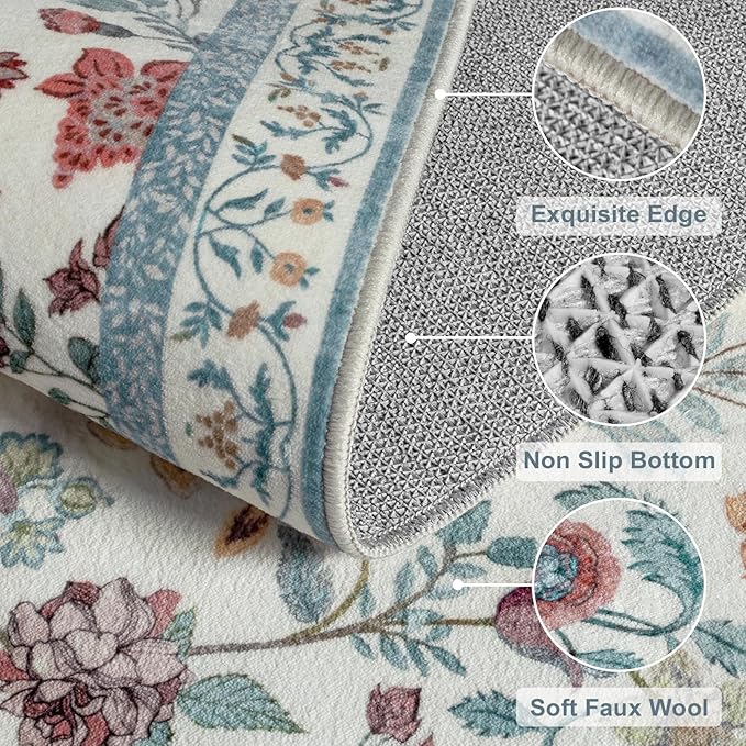 Blue Floral Runner Rug, 2x6 Washable Rug Runners for Hallways Non-Slip, Soft Low Pile Flower Birds Long Bathroom Mat Botanical Throw Carpet for Kitchen Laundry Entryway Porch