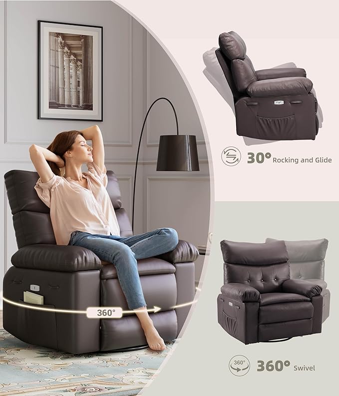 GarveeHome Power Rocker Swivel Recliner Chair - Heat and Massage, PU Leather Electric Glider Rocking Chair with USB Port, Glider Recliner Nursery Chair for Living Room, Bedroom, Nursery