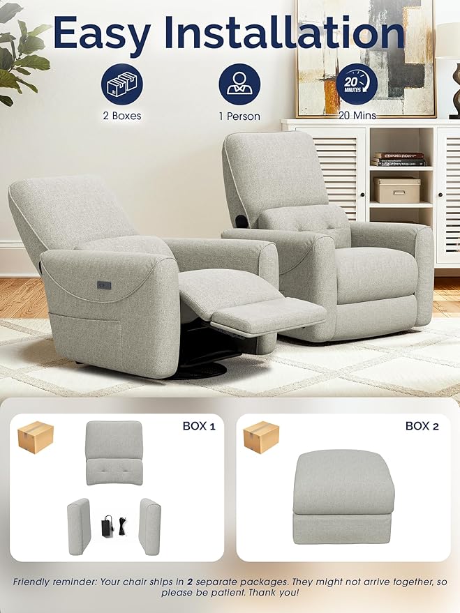 KINGYES Nursery Rocking Chair, Glider Rocking Chair for Nursery, 270° Swivel Glider, Bluetooth Speaker & USB-C Port, Fabric Nursery Recliner Sofa, Gray