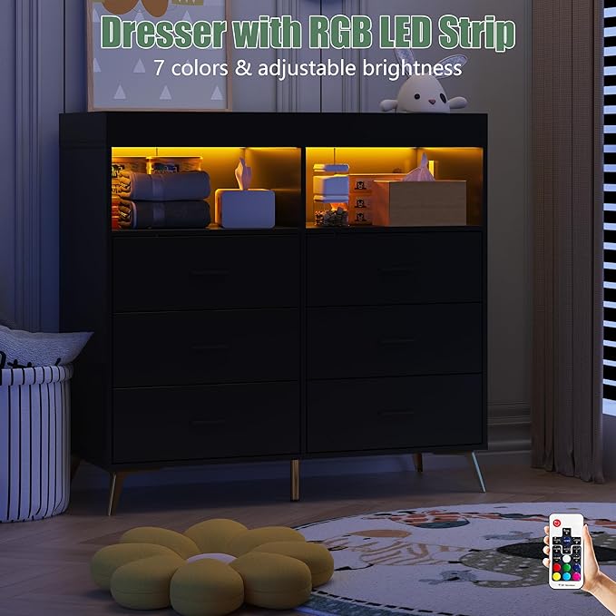 Dresser for Bedroom with LED Lights and Power Outlet, Baby Changing Table Dresser with 6 Drawers, 2 Open Storage Shelves, Baby Diaper Station with Changing Table Top (Black)