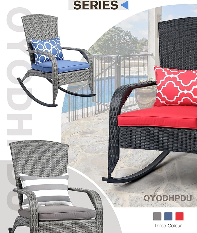 Outdoor Rocking Chair- Outdoor Rattan Rocker Chair with Heavy Duty Steel Frame- All Weather Rocker Chair for Garden, Porch, Backyard, Poolside (Black Rattan & Red Cushion, 320lbs)