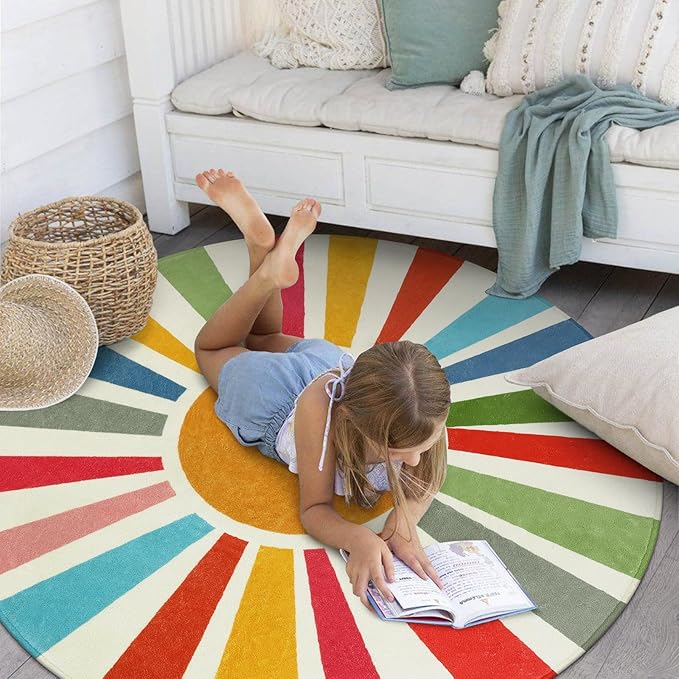 STARUIA Round Boho Rug 6 Ft Washable Round Area Rug for Playroom, Sunshine Circle Rug for Kids Room, Non-Slip Circluar Rainbow Carpet Soft Large Kids Rug for Classroom Dorm Bedroom