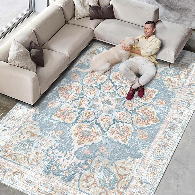 Vhong Washable Area Rugs Boho Vintage Neutral Modern Pale Blue 8x10 Non Slip Large Carpet for Living Room Dining Room Bedroom
