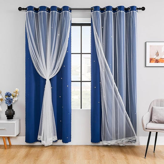 XiDi Blackout Curtains for Bedroom & Living Room - Double Layer, 84 Inch Long Navy Blue Unicorn Curtains for Kids & Girls Room