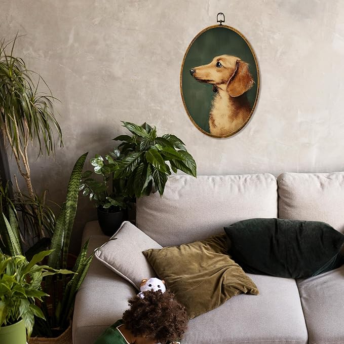 Hiuwevt Vintage Dachshund Oval Wall Art Decor, Dachshund Doxie Gifts for Women Framed Canvas Prints, Wiener Dog Gifts Oval Wall Hanging Decor for Bedroom Living Room Decorations, 8.6x11.4 Inches