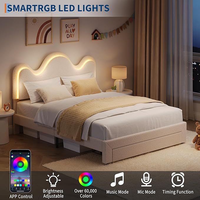 IDEALHOUSE Queen Bed Frame with LED Headboard and Under-Bed Drawer, Metal Upholstered Platform Bed with LED Light for Kids, Girls, Lamb Fleece Fabric, Wooden Slats Support, No Box Spring Needed, White