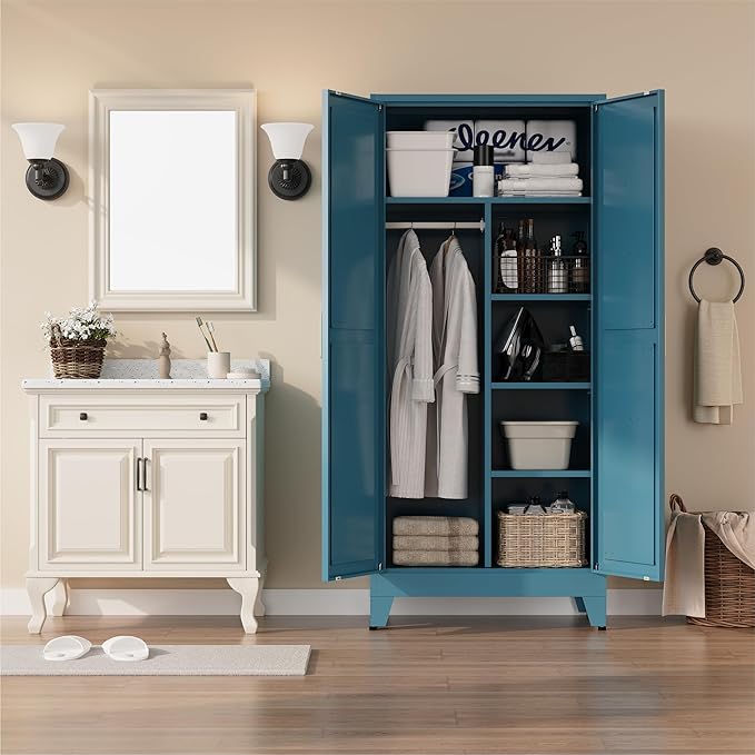 Metal armoire Wardrobe Closet with Hanging Rod,71'' Metal Wardrobe Cabinet with 2 Doors and 4 Adjustable Shelves, Bedroom armoires,Laundry Room cabinets,armario de ropa Closet