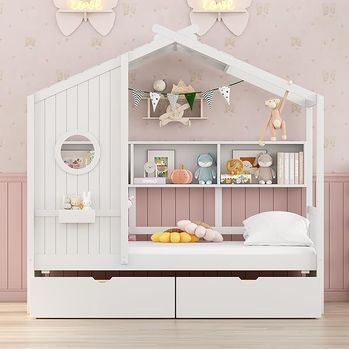 Twin Size House Bed with Storage Drawers,Kids House Bed Frame with Shelves,Cute Wood House Bed Twin with Roof for Kids,Girls,Boys,White